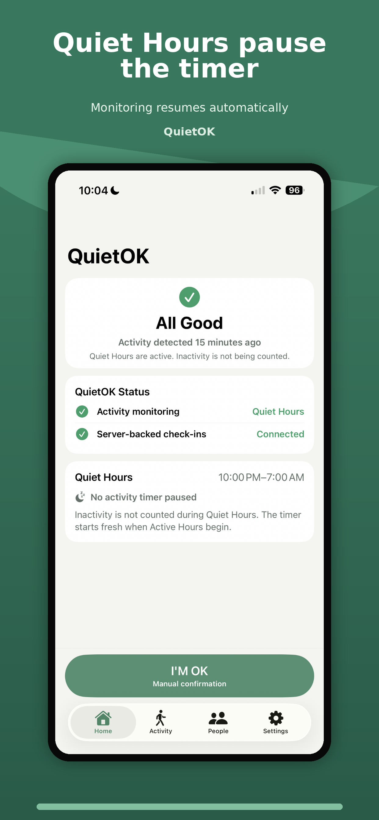 QuietOK Home screen showing Quiet Hours with the inactivity timer paused
